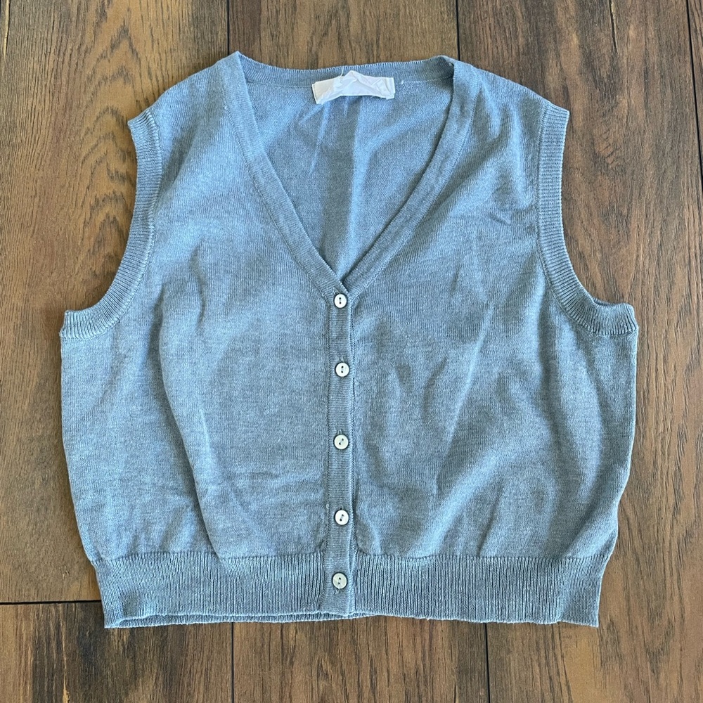 Okakie Blue Sleeveless Button-Up Cardigan Vest
